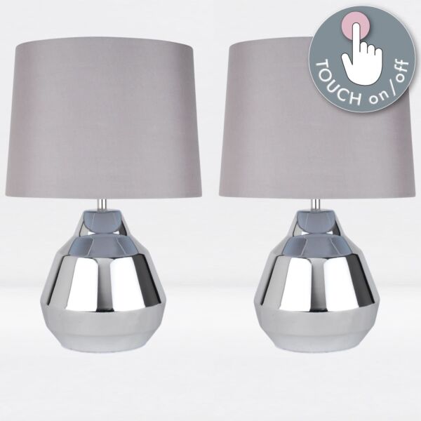 Pair of Polished Chrome 39cm Touch Lamps with Grey Shades