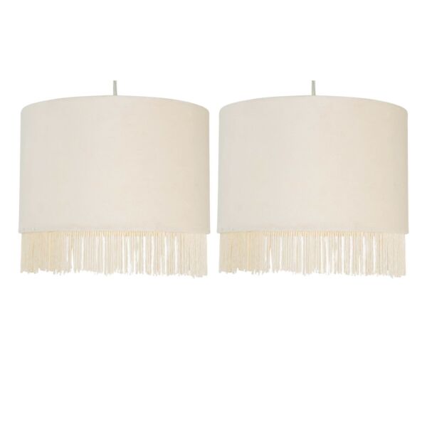 Set of 2 Fringed - Off White 23cm Fringed Velvet Pendant Shades