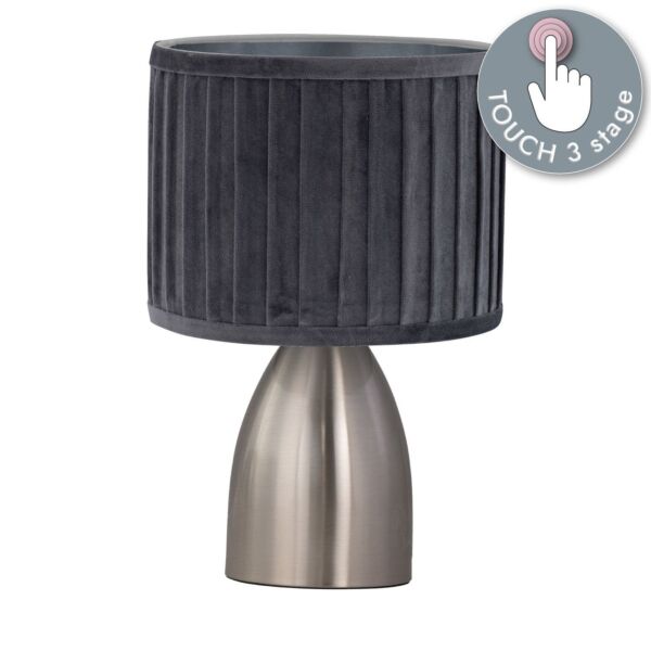 Valentina - Brushed Chrome Touch Lamp with Grey Pleated Velvet Shade