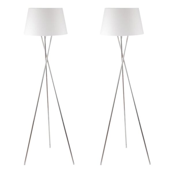 Pair Chrome Twist Tripod Floor Lamp with White Fabric Shade