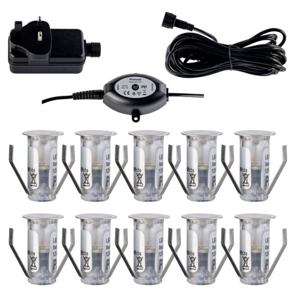 Set of 10 - 15mm Stainless Steel IP67 Warm White LED Plinth Decking Kit with Dusk til Dawn Photocell Sensor