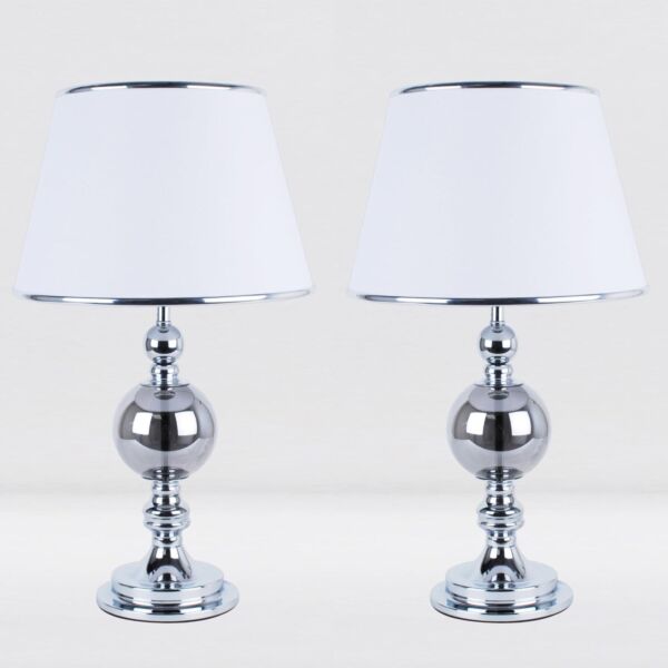 Set of 2 Chrome and Smoked Glass Table Lamps with White Shades