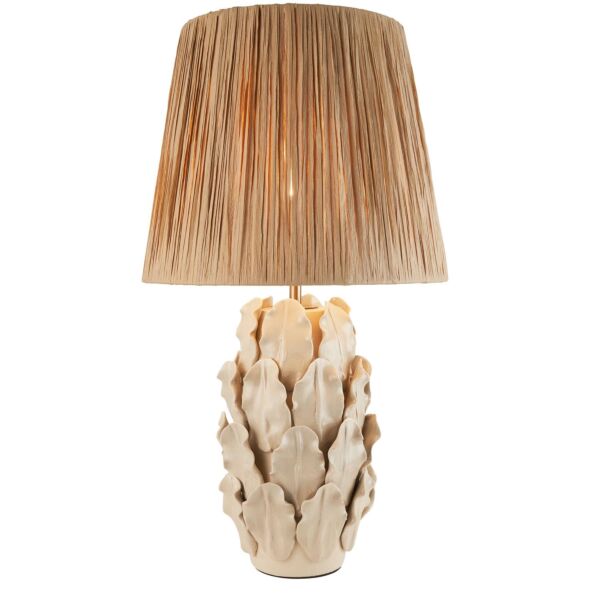 Endon Lighting - Layered Leaf & Raffia 32cm - 116457 - Cream Crackle Aged Brass Natural Raffia Ceramic Table Lamp With Shade