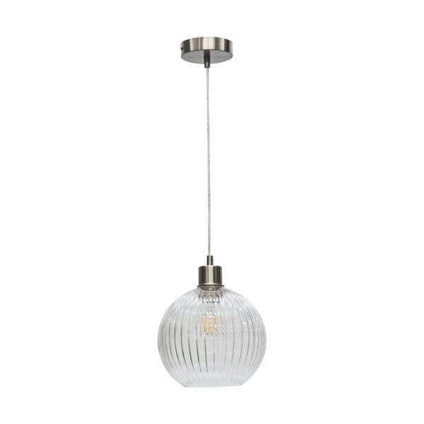 Betchley - Clear Ribbed Glass Globe with Satin Nickel Pendant Fitting