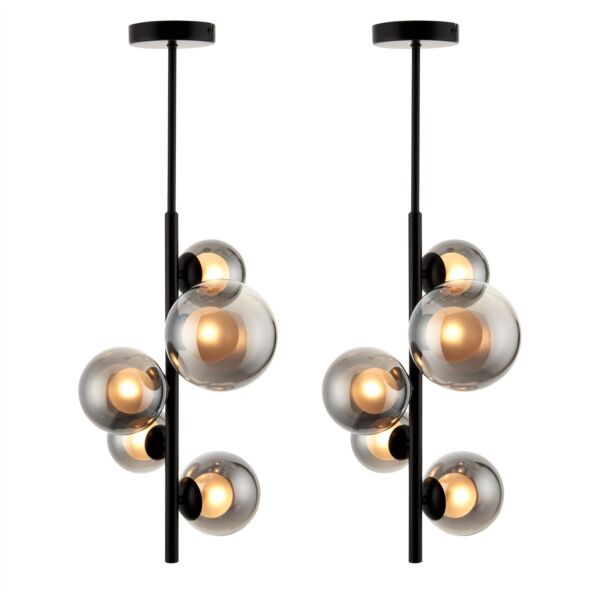 Set of 2 Cole - Black with Smoke Glass 5 Light Ceiling Pendants