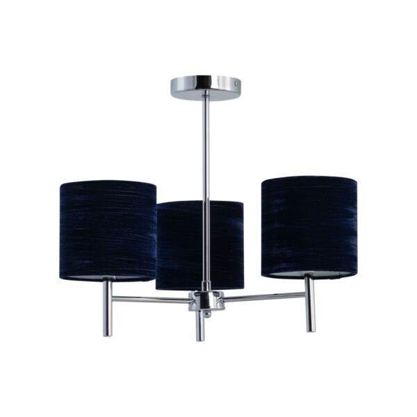 Brea - Chrome 3 Light Fitting with Navy Blue Crushed Velvet Shades