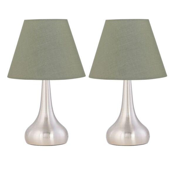 Set of 2 Romana - Brushed Chrome Touch Lamps with Sage Green Shades