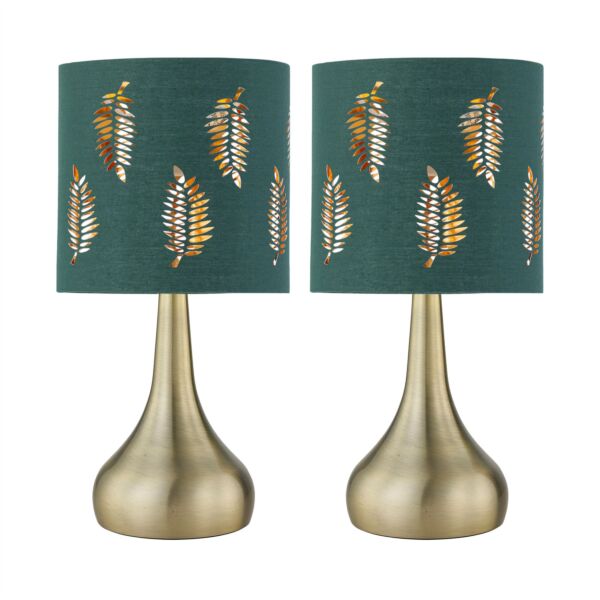 Set of 2 Romana - Antique Brass Touch Table Lamps Green Fern Shades
