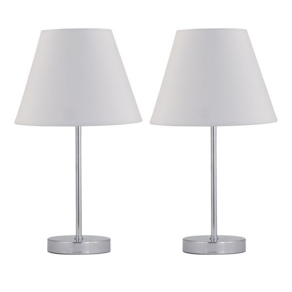 Set of 2 Chrome Stick Table Lamps with Ivory Off White Fabric Shades