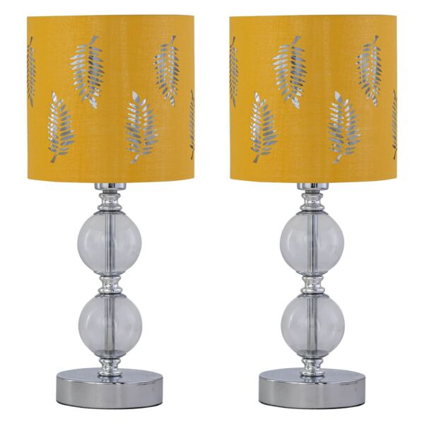 Set of 2 Chrome Two Ball Table Lamps with Ochre Mustard Fern Shades