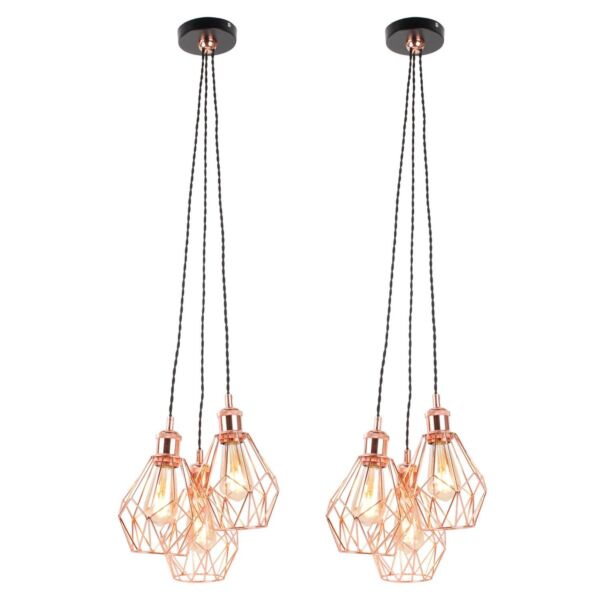 Set of 2 Matt Black & Copper Geometric 3 Light Cluster Pendants