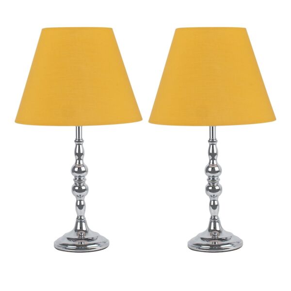 Set of 2 Chrome Table Lamps with Decorative Stem and Ochre Shades