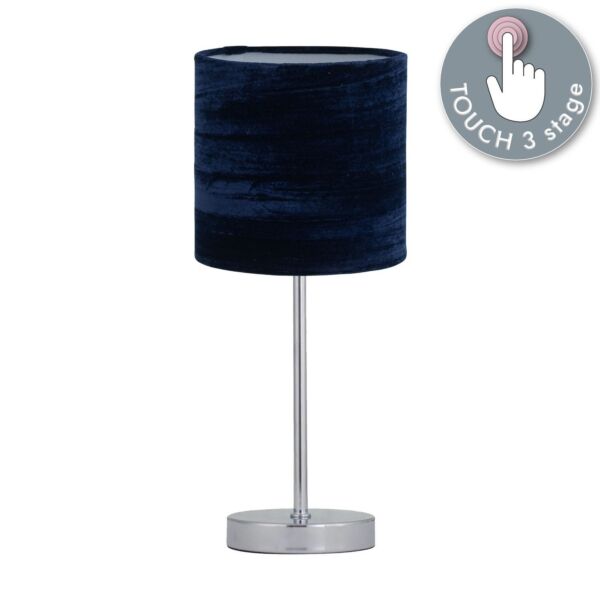 Chrome Touch Operated Table Lamp with Navy Blue Crushed Velvet Shade