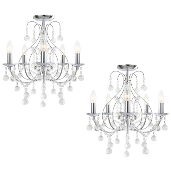 Pair of Chrome 5 Light Crystal Chandeliers