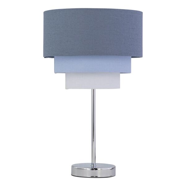 Chrome Stick Table Lamp with Tiered Blue Linen Shade