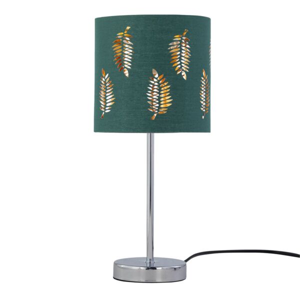 Chrome Stick Table Lamp with Dark Green Fern Cut Out Shade