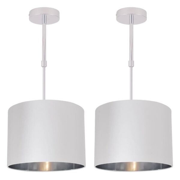 Set of 2 White Faux Silk 30cm Drum Light Ceiling Adjustable Flush Shade with Chrome Inner