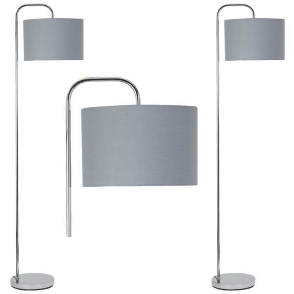 Set of 2 Chrome Arched Floor Lamps with Grey Cotton Shades