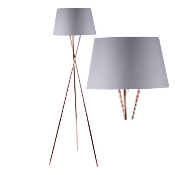 Copper Tripod Floor Lamp with Grey Fabric Shade