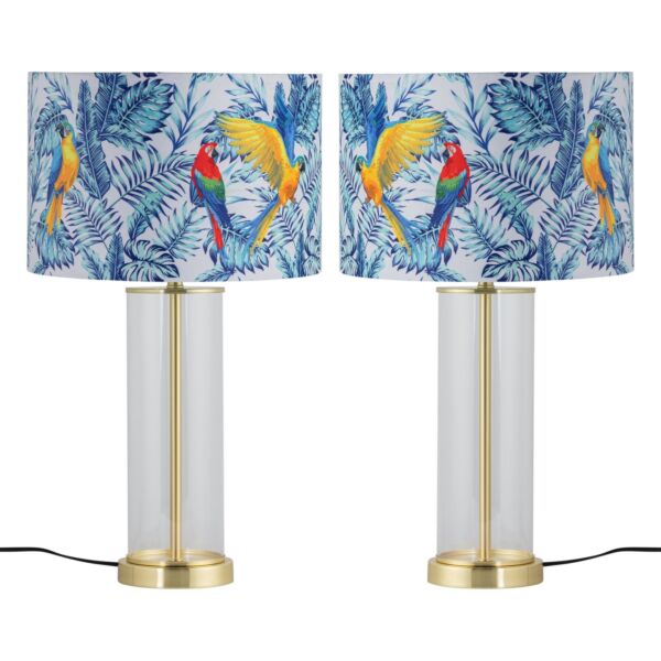 Set of 2 Aura - Satin Brass Lamps with Parrot Velvet Shades