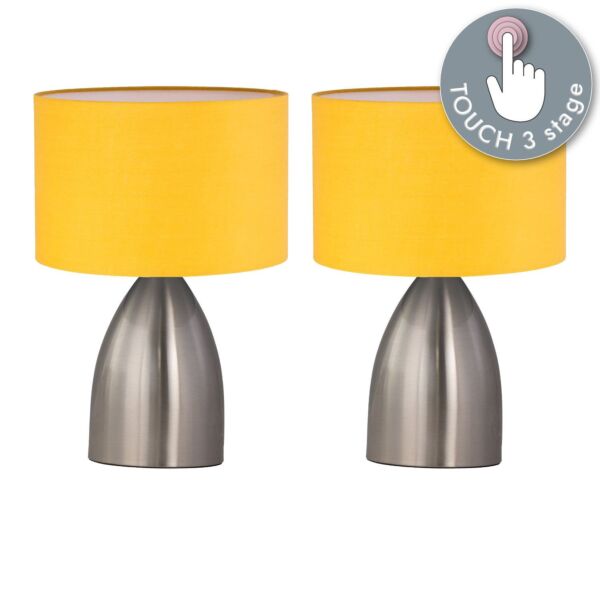 Set of 2 Valentina - Brushed Chrome Touch Lamps with Ochre Shades