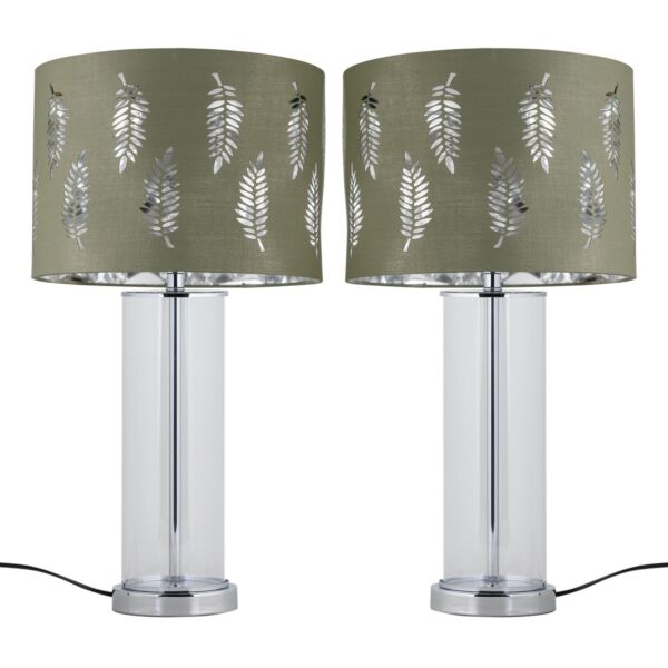 Set of 2 Aura - Chrome Table Lamps with Sage Green Fern Shades