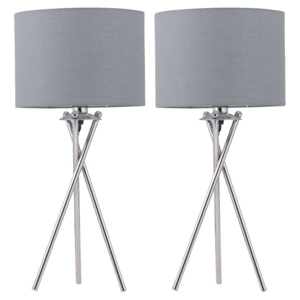 Set of 2 Chrome Tripod Table Lamps with Grey Cotton Shades