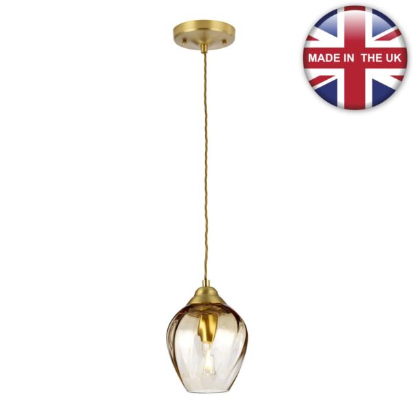 Elstead Lighting - Tiber - TIBER-P-AMBER - Brushed Brass Amber Glass Ceiling Pendant Light