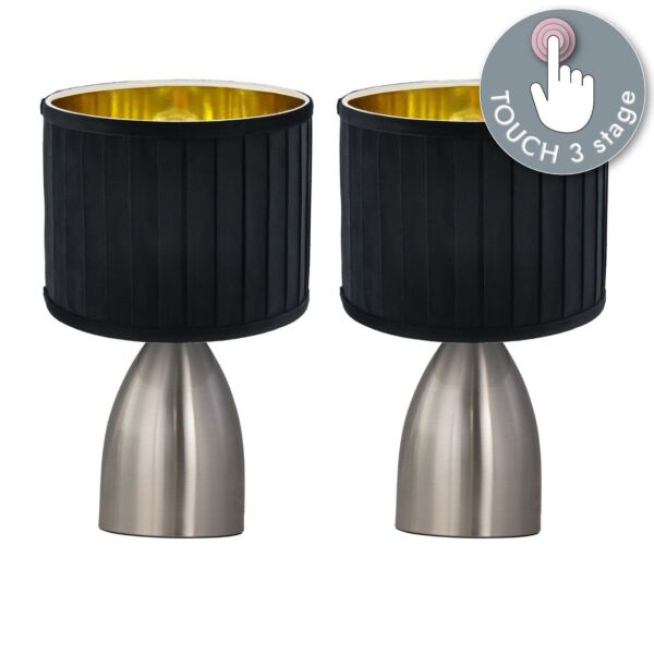 Set of 2 Valentina - Brushed Chrome Touch Lamps with Black Pleated Velvet Shades