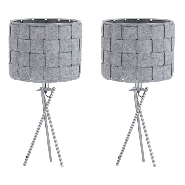 Set of 2 Warner - Chrome Tripod Table Lamps with Grey Pleated Felt Shades