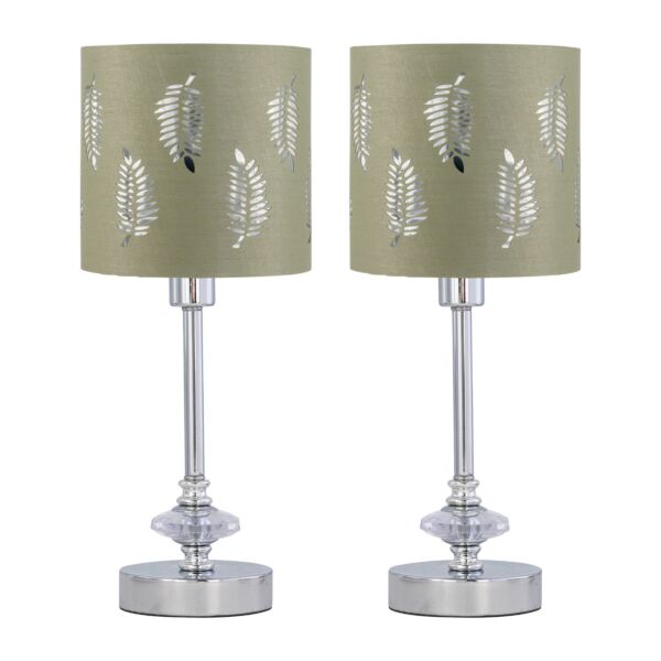 Set of 2 Chrome Jewelled Table Lamps with Sage Green Fern Shades