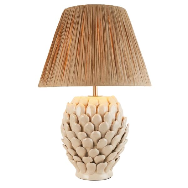 Endon Lighting - Layered Leaf & Raffia 30cm - 116422 - Cream Crackle Aged Brass Natural Raffia Ceramic Table Lamp With Shade