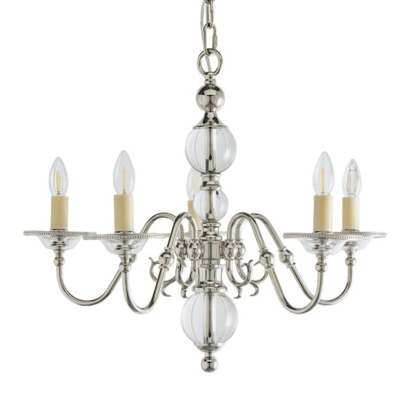 Interiors 1900 - Tilburg - CA20P5N - Nickel Clear Crystal Glass 5 Light Chandelier