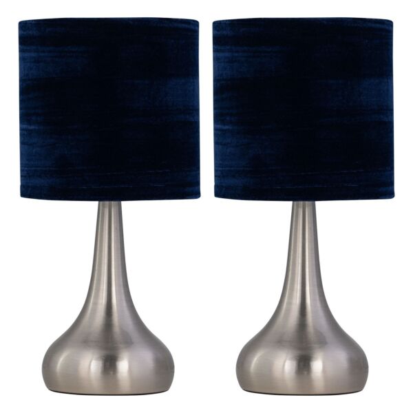 Set of 2 Romana - Brushed Chrome Touch Operated Table Lamps Bedside Lights Navy Blue Crushed Velvet Shade