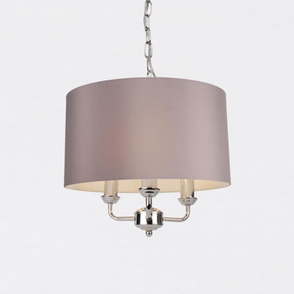 3 Light Chrome Pendant Chandelier with Grey Fabric Shade