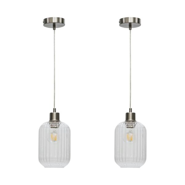 Set of 2 Batley - Clear Ribbed Glass with Satin Nickel Pendant Fittings