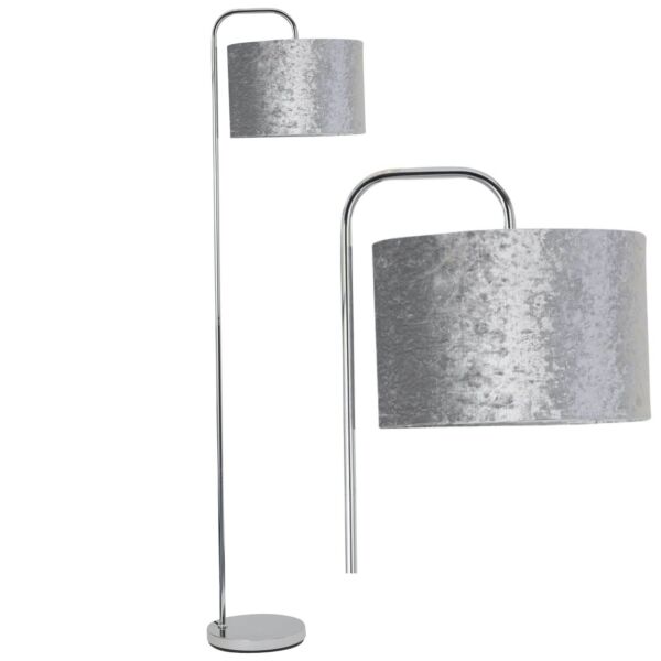 Chrome Arched Floor Lamp with Grey Crushed Velvet Shade