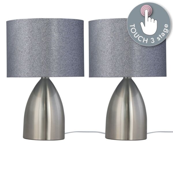 Set of 2 Valentina - Brushed Chrome Touch Lamps with Silver Glitter Shades