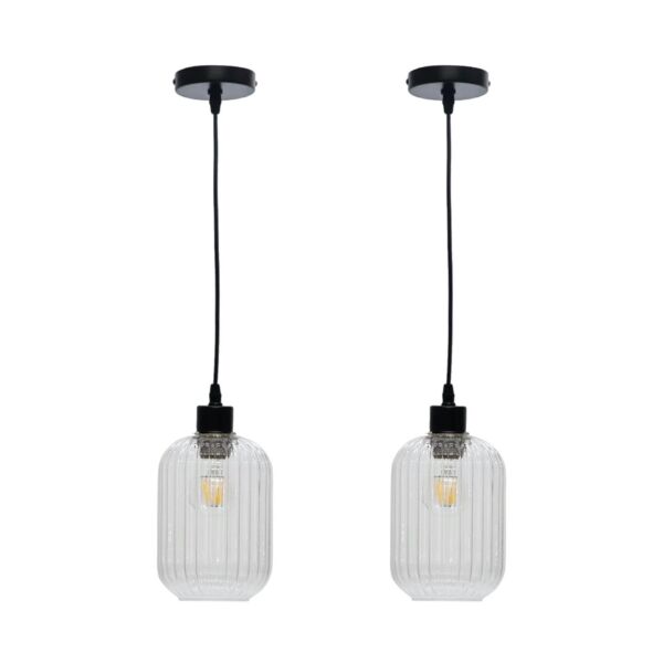 Set of 2 Batley - Clear Ribbed Glass with Black Pendant Fittings