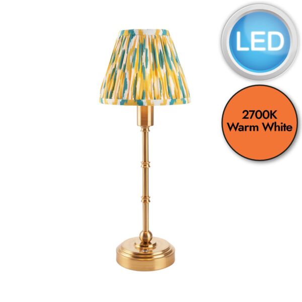 Endon Lighting - Burley Rechargeable & Ikat 16cm - 114809 - LED Aged Brass Yellow Jade Touch Table Lamp With Shade