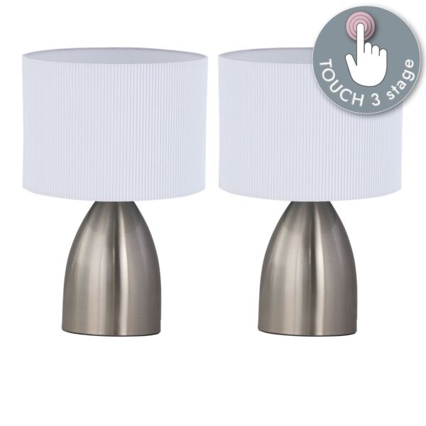 Set of 2 Valentina - Brushed Chrome Touch Lamps with White Pleated Shades