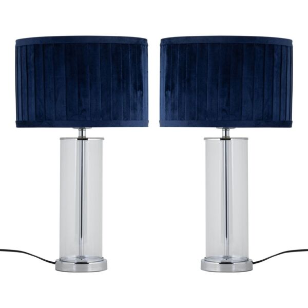 Set of 2 Aura - Chrome Table Lamps with Navy Blue Velvet Pleat Shades