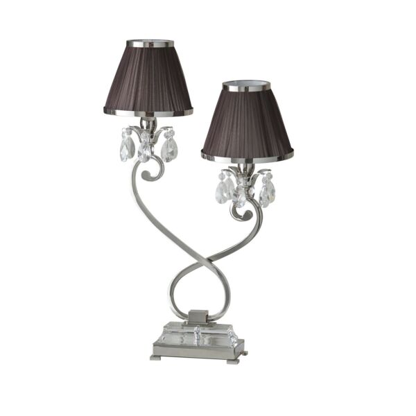 Interiors 1900 - Oksana - 63527 - Nickel Clear Crystal Glass Chocolate Pleated 2 Light Table Lamp With Shade