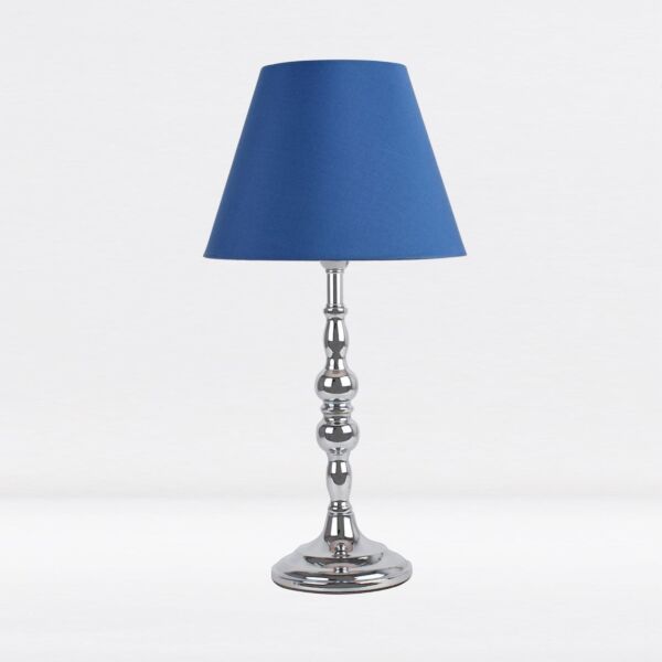 Chrome Plated Bedside Table Light with Candle Column Blue Fabric Shade