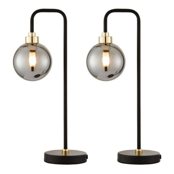 Set of 2 Matt Black and Smoked Glass Table Lights