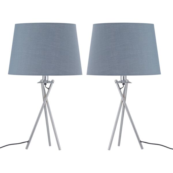 Set of 2 Tripod Table Lamps with Grey Cotton Fabric Shades