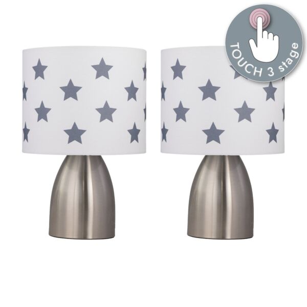 Set of 2 Valentina - Brushed Chrome Touch Lamps with White & Dark Grey Stars Shades