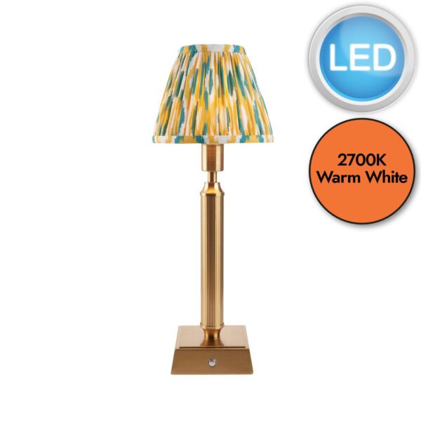 Endon Lighting - Trobridge Rechargeable & Ikat 16cm - 114868 - LED Aged Brass Yellow Jade Touch Table Lamp With Shade