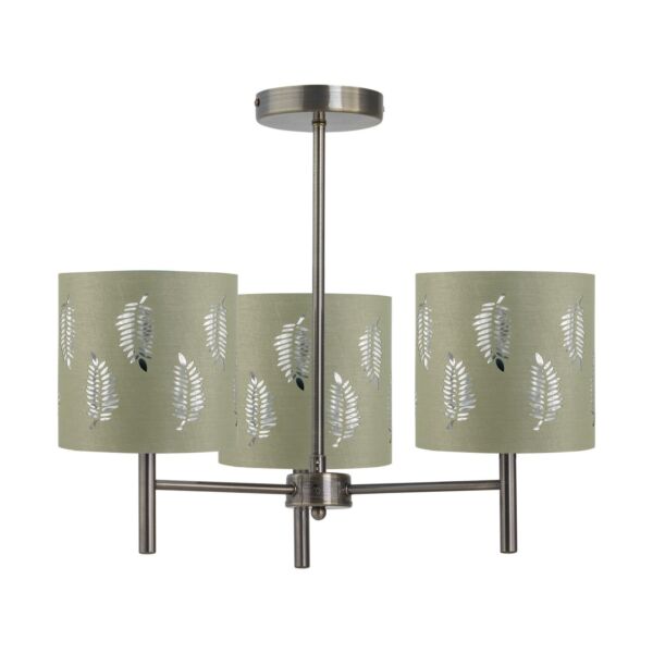 Brea - Antique Brass 3 Light Fitting with Sage Green Fern Shades