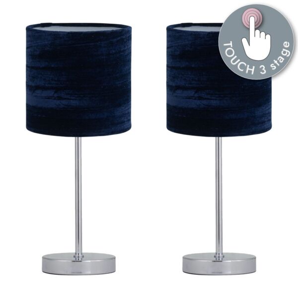 Set of 2 Chrome Touch Operated Table Lamp with Navy Blue Crushed Velvet Shades